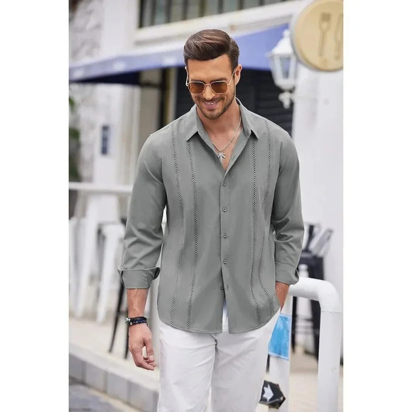 ❤️Mens Grey Cuban Shirt Casual Button Down Shirts Long Sleeve Beach  Shirts - Picture 4 of 7